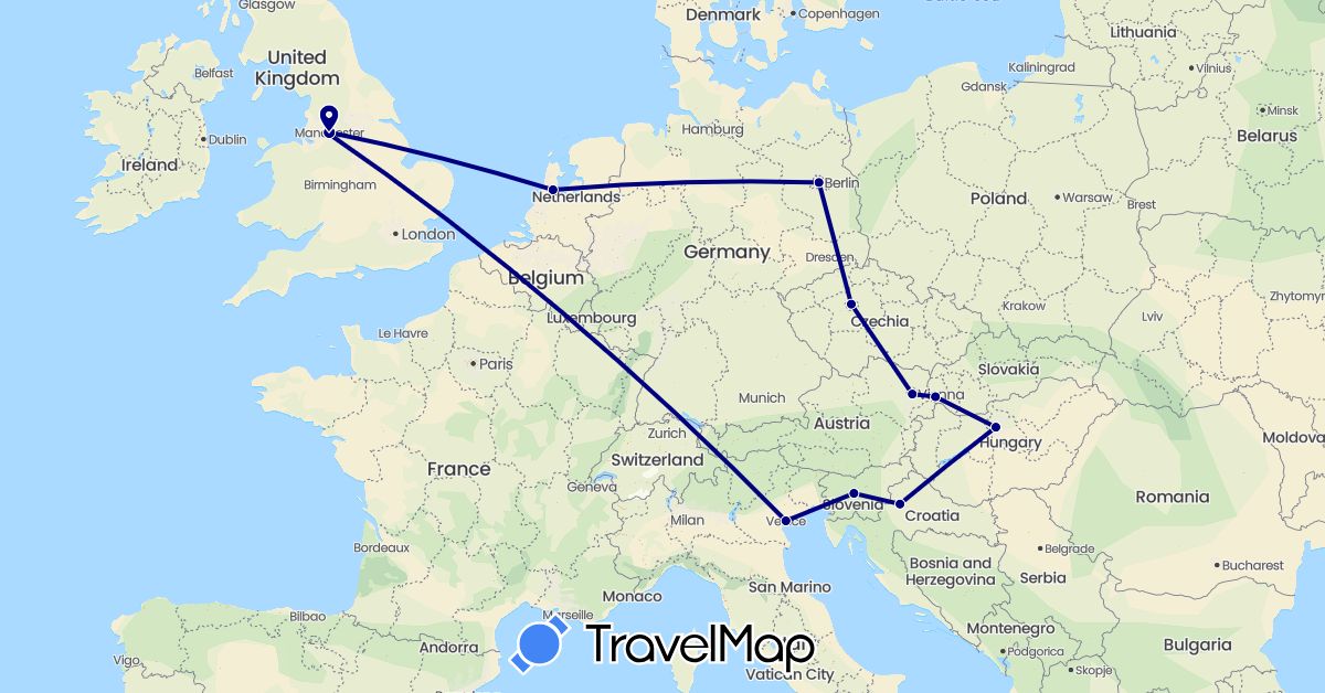 TravelMap itinerary: driving in Austria, Czech Republic, Germany, United Kingdom, Croatia, Hungary, Italy, Netherlands, Slovenia, Slovakia (Europe)